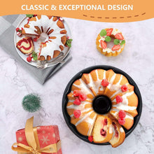 Black bundt cake pan with fluted sides and center tube.