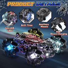 RC stunt car with black cracked pattern and blue LED lights, drift tires and auxiliary wheels