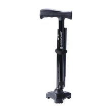 Black folding cane with T handle, adjustable shaft and flat foot base