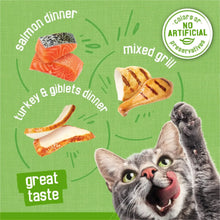 Wet cat food variety poster with salmon dinner, turkey & giblets dinner, mixed grill