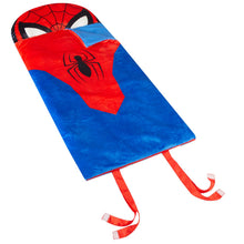 Marvel Spiderman faux fur sleeping bag with red tie-like straps and blue body