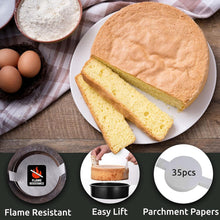 Sliced sponge cake on a plate with parchment paper sheets and nearby eggs