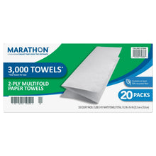 Paper towel case showing 2-ply multifold towels and 20 packs, 3,000 towels