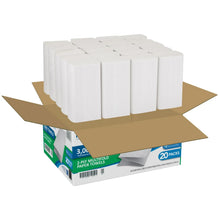 Multifold paper towels, 2-ply rolls, white, shown in open packaging