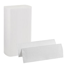 White multifold paper towels, stacked rolls with a single sheet in front