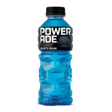 Powerade sports drink bottle, blue with black label and black cap.
