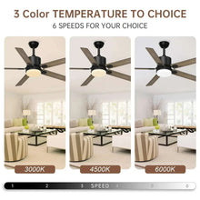 Ceiling fan with light showing three color temperatures, black and wood-style blades