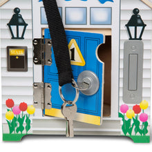 Wooden doorbell dollhouse door with hanging keys and door handle