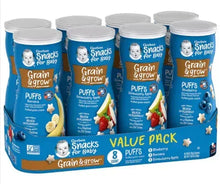 Baby puffs snack value pack, blue canisters with white puffs graphic, 8-pack