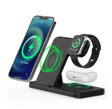 Black 3-in-1 wireless charger stand with angled phone, smartwatch, and earbuds dock