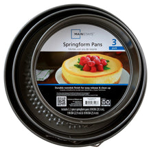 Pack of three round springform pans with nonstick textured base and removable bottom latches