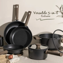 Versatile black nonstick cookware set with skillet, pot, and small saucepan