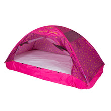 Open twin bed tent with purple star walls and pink base, front entrance and inner mesh