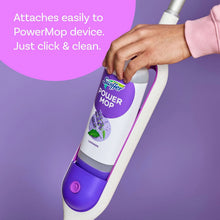 Swiffer Power Mop refill solution attached to mop handle, lavender-scent bottle