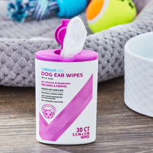 Dog ear wipes container with a lifted wipe sheet, purple lid, 30 count.
