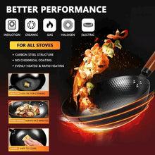 Black carbon steel wok pan with heat flames and stovetop heating icons for all burners