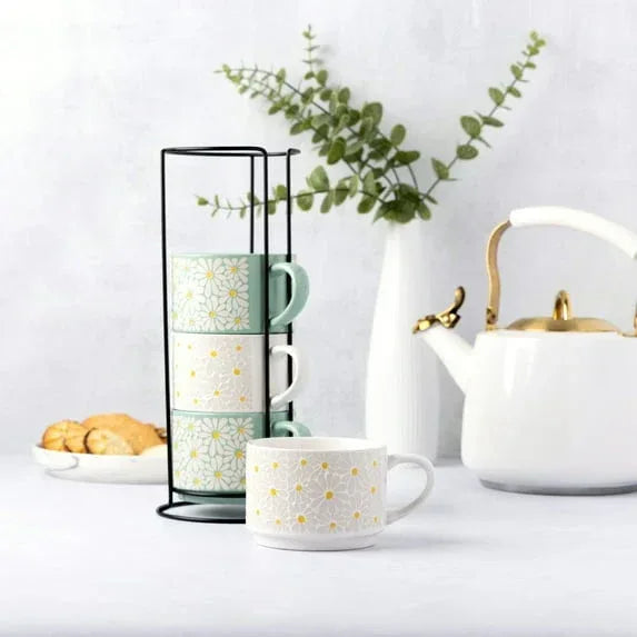 Thyme & Table 11.1 fl oz White and Green Floral Stoneware Stacking Mugs with Wire Rack, Set of 4