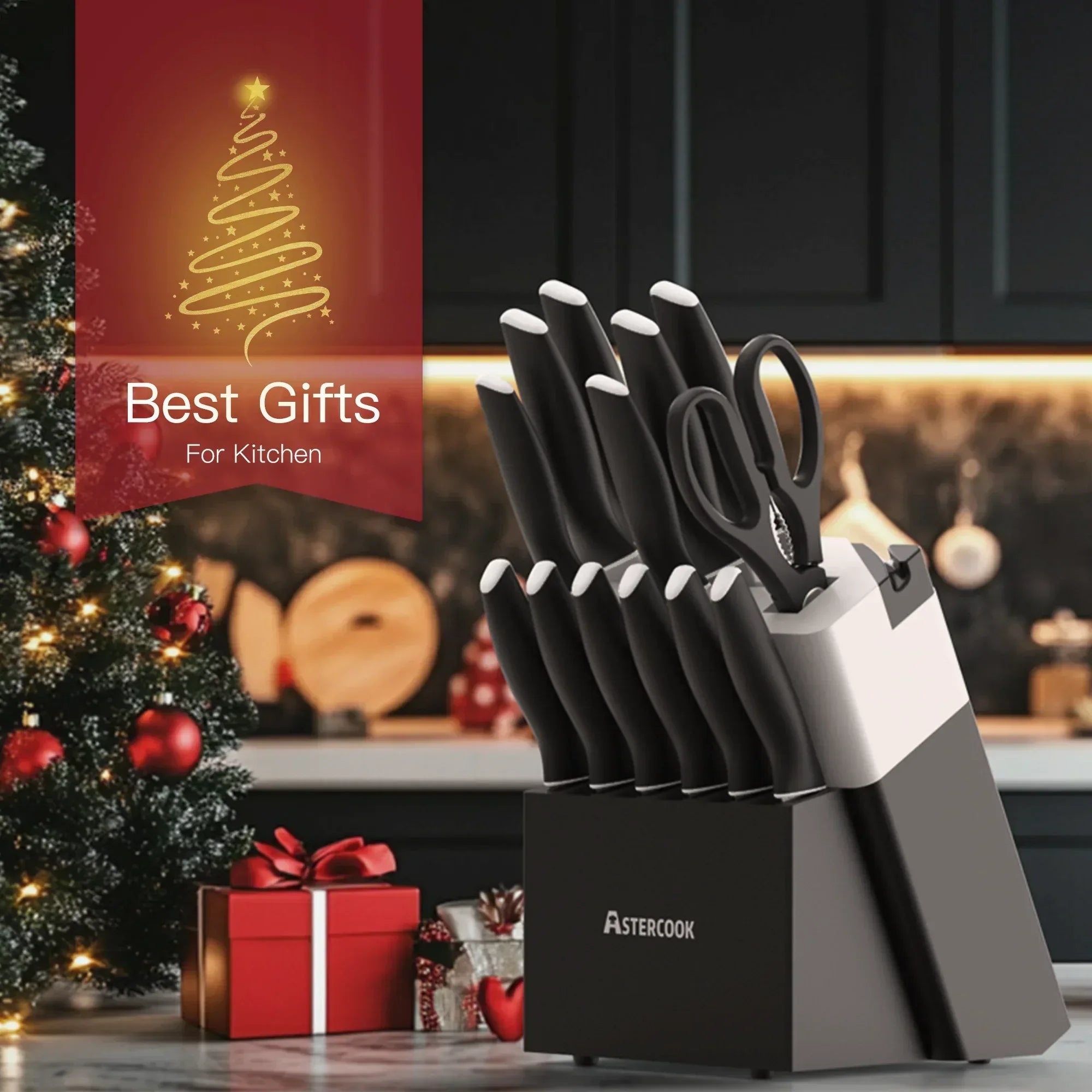 Astercook Knife Set, 14 Pieces Kitchen Knives Set with Healthy Anti-Rust Coating, Stainless Steel Knife Sets with Built-in Sharpener, Sharp & Rust Resistant Dishwasher Safe - USA MEGA SHOP