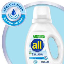 all Free Clear liquid laundry detergent bottle with gentle on skin badge, 24 loads