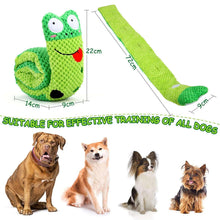 Green crocheted cactus-shaped dog toy with long rolled body, big eyes, and red mouth.