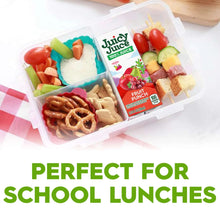 School lunch container with fruit punch juice box and assorted snacks