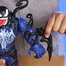 Venom-style action figure close-up, blue-and-black body with outstretched hands