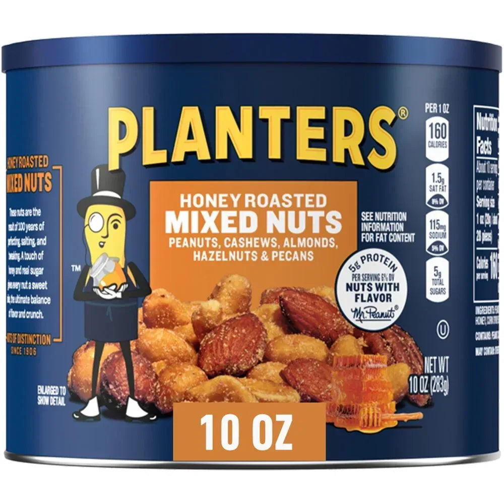 Honey Roasted Mixed Nuts, Party Snacks, Plant-Based Protein, 10 Oz Canister