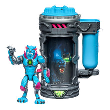 Blue panther action figure beside open gray-and-blue lab container with glowing interior