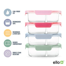 Divided glass meal prep containers with leak-proof lids in pink, blue, and green