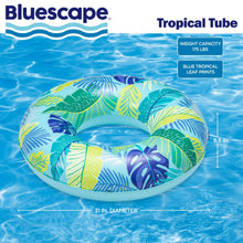 Inflatable swim tube pool float, blue tropical leaf print with green and purple