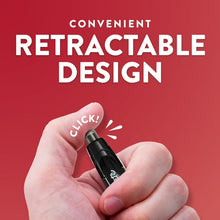 Retractable ballpoint pen with click-retract tip, held in hands