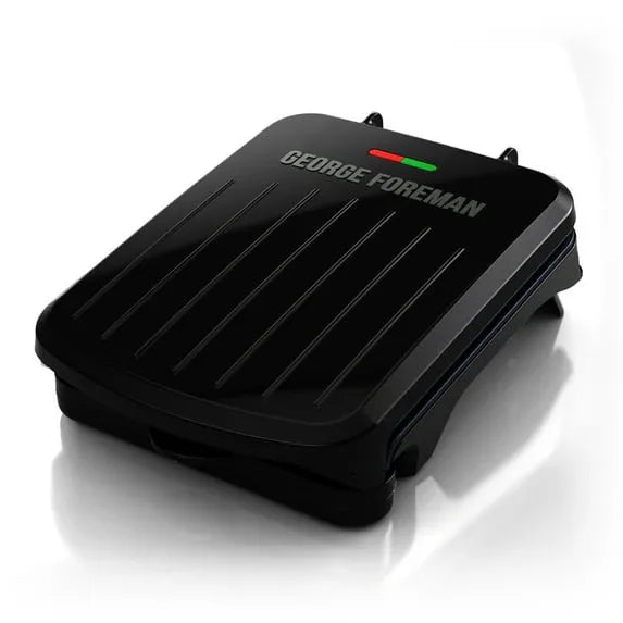 George Foreman 2-Serving Electric Indoor Grill with Non-Stick Plates, Panini Press, Space-Saving Slim Design, Drip Tray, Black Plastic Housing