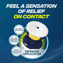 Massage applicator for pain relief cream with round white contact pad