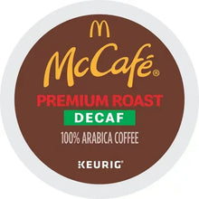 McCafe Premium Roast decaf pod lid label with 100% Arabica coffee and Keurig