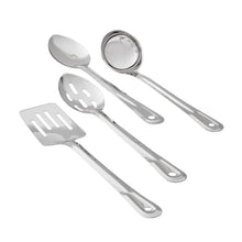 Stainless steel serving utensils, including ladle, slotted spoon, and spatulas