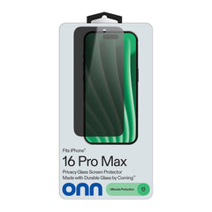onn Privacy Glass Screen Protector for iPhoneÂ® 16 Pro Max, Made with Durable Glass by Corningâ„¢ for Ultimate Protection, Includes Easy Application Tray