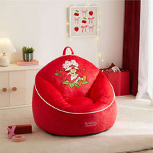 Red kids bean bag chair with carry handle, cartoon back cushion, and round shape