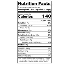 Nutrition Facts label for veggie chips: calories 140 per serving, 8 servings