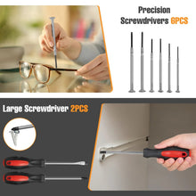 Precision and large screwdriver set with metal shafts and red-and-black handles