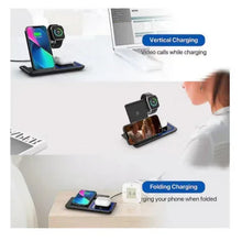 Black 3-in-1 wireless charging station with stand shown in folded and raised views