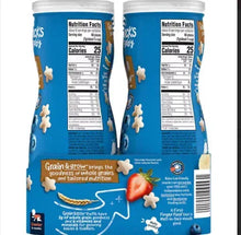 Baby puffs snack canister side with Nutrition Facts panel and grain & grow graphics