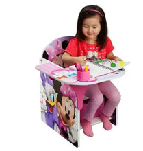 Kids Minnie Mouse chair desk with storage bin, pink tabletop, purple side panels