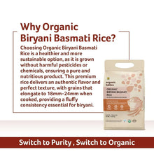 Organic basmati rice pouch with informational text about organic benefits.