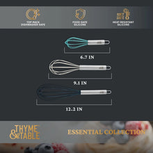 Silicone whisk set with three sizes, stainless handles and teal, white, dark loops