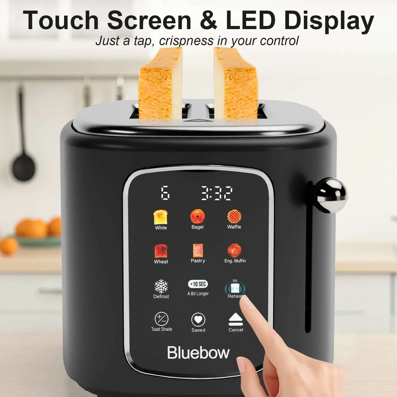 Bluebow 2-Slice Toaster with Touchscreen, 1.5" Wide Slots, 6 Bread Types & Shade Settings, Reheat, Defrost, Cancel, Removable Tray - USA MEGA SHOP