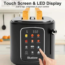 Black 2-slice toaster with touchscreen display and a finger touching the controls