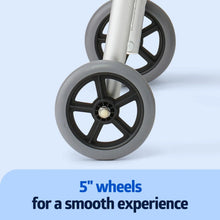 5-inch wheels on folding walker, gray rims with black spokes