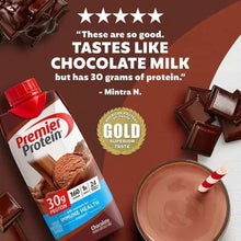 Premier Protein chocolate shake carton with gold taste badge and chocolate milk claim