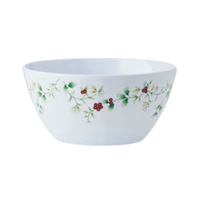 Melamine serving bowl with white base and green holly berry floral pattern