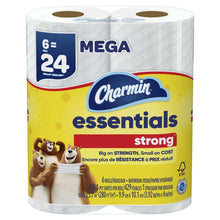 Charmin Essentials strong Mega roll toilet paper pack with 6 count on label